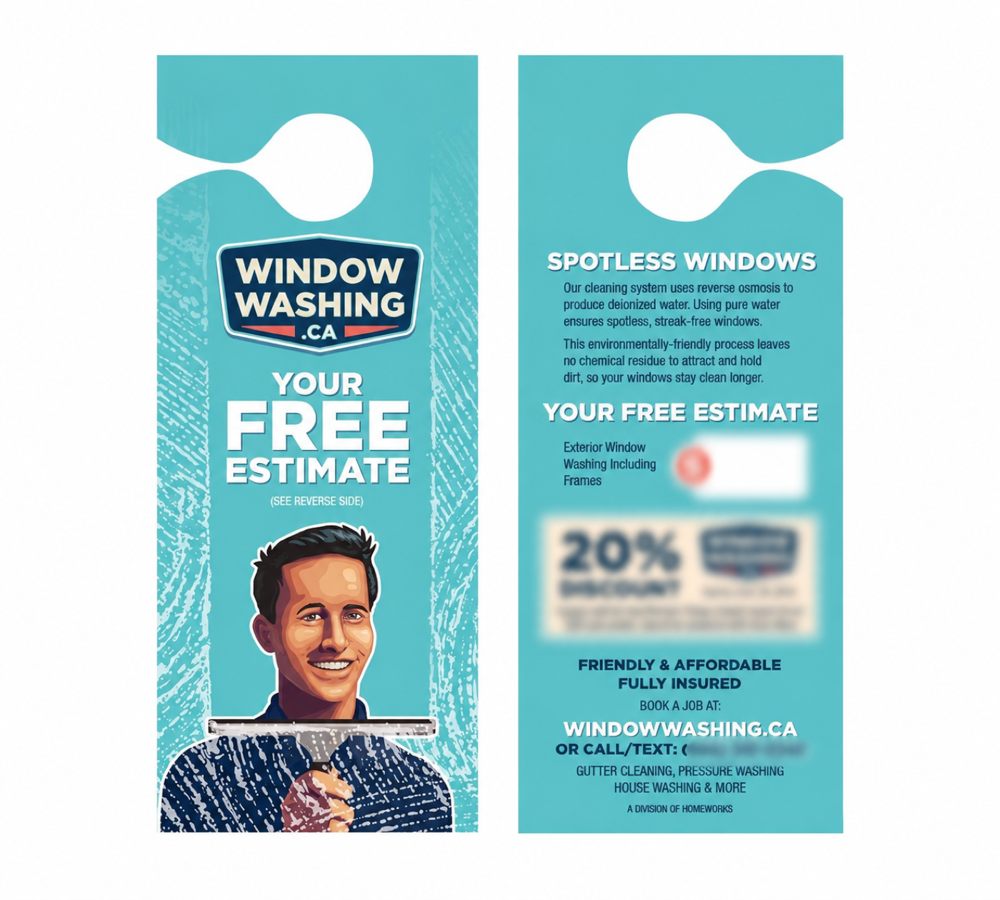 The front and back of the original turquoise WindowWashing.ca door hanger, with its expired offer and phone number blurred.